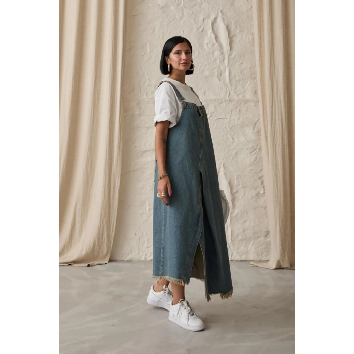 Mavi Askılı Düğmeli Kot Elbise