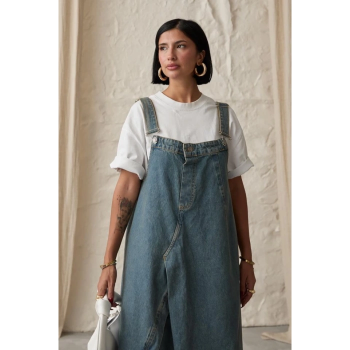 Mavi Askılı Düğmeli Kot Elbise