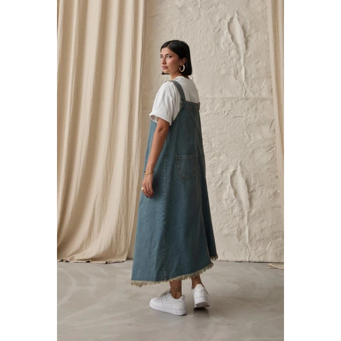 Mavi Askılı Düğmeli Kot Elbise