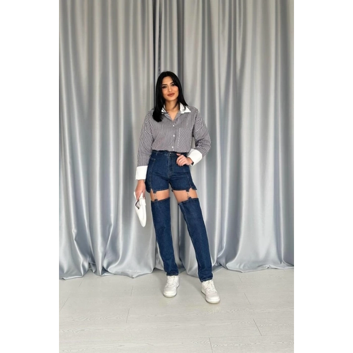 Mavi Askılı İki Parça Jeans Pantolon