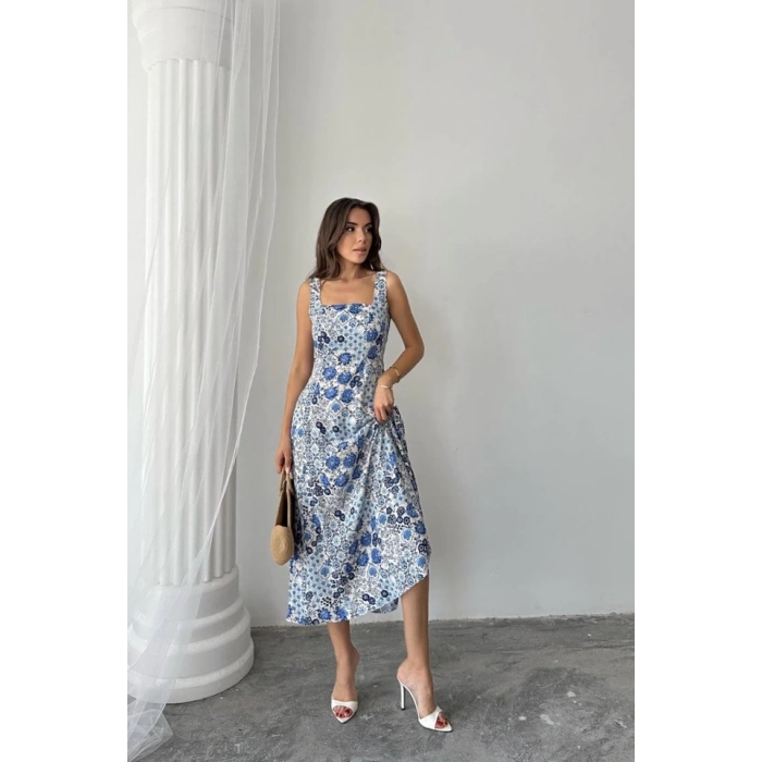 Mavi Çiçekli Viskon Elbise