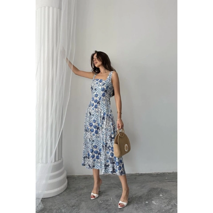 Mavi Çiçekli Viskon Elbise