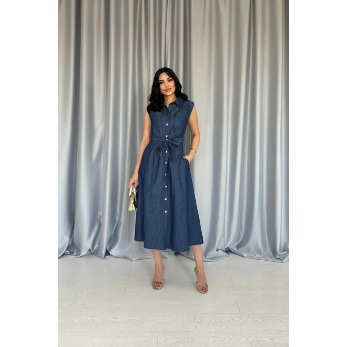 Mavi Tencel Çıtçıtlı Elbise