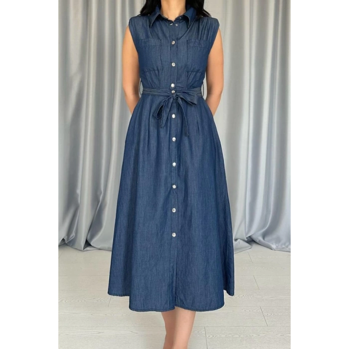 Mavi Tencel Çıtçıtlı Elbise