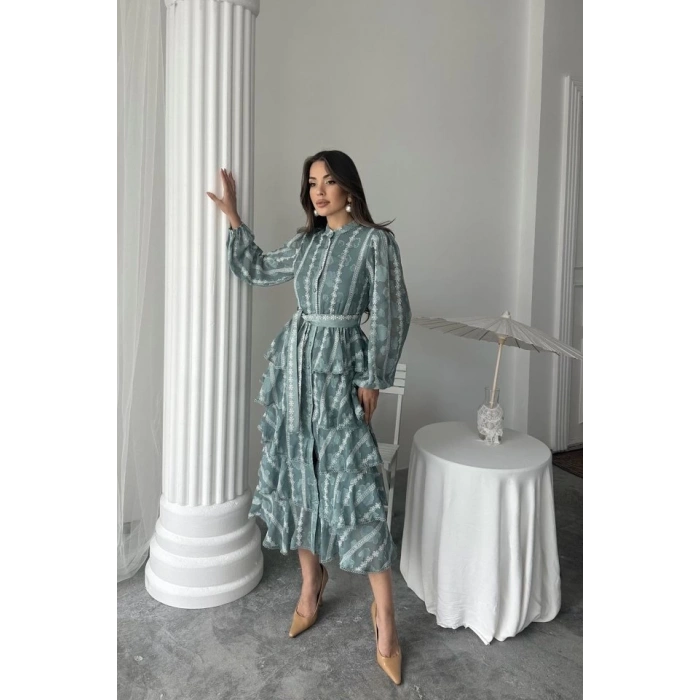 Mint Uzun Volanlı Elbise