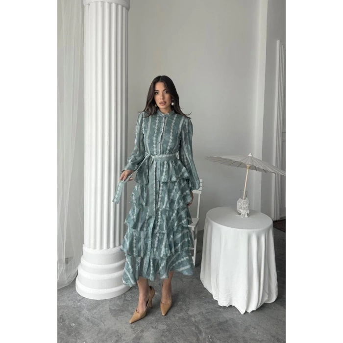 Mint Uzun Volanlı Elbise