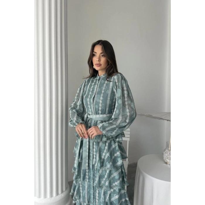 Mint Uzun Volanlı Elbise