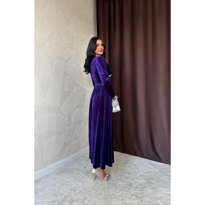 Mor Göğüs Altı Taşlı Elbise