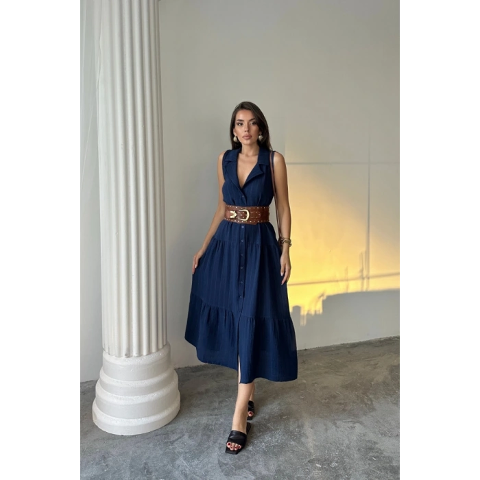 MÜSLİN ELBİSE GÖMLEK YAKA KOLSUZ ÖNDEN DÜĞMELİ - Lacivert