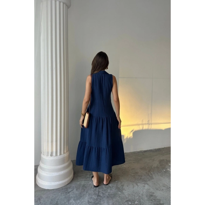 MÜSLİN ELBİSE GÖMLEK YAKA KOLSUZ ÖNDEN DÜĞMELİ - Lacivert