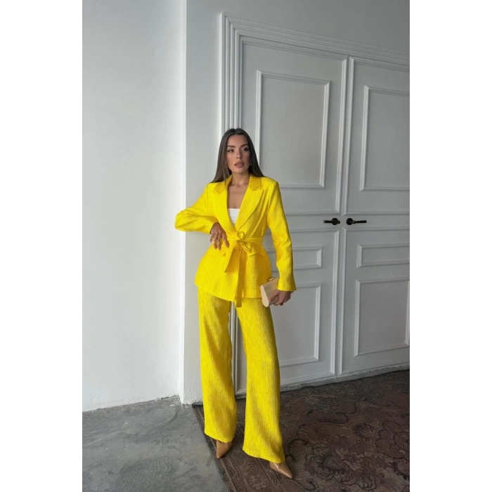 Neon Beli Kuşaklı Ceket Ve Pantolon Parlak Takım