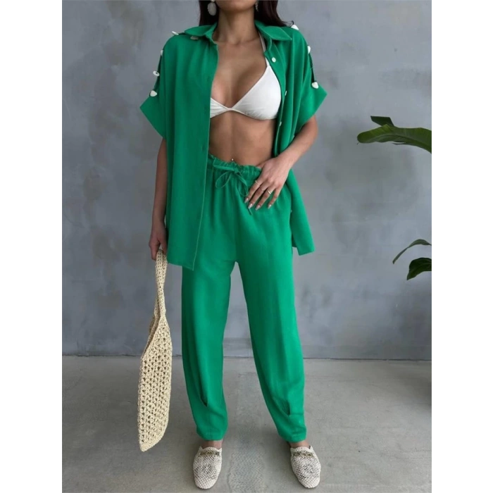 OMUZ MİDYE SIRALI BLUZ - PAÇA PENSLİ PANTOLON TAKIM - Yeşil