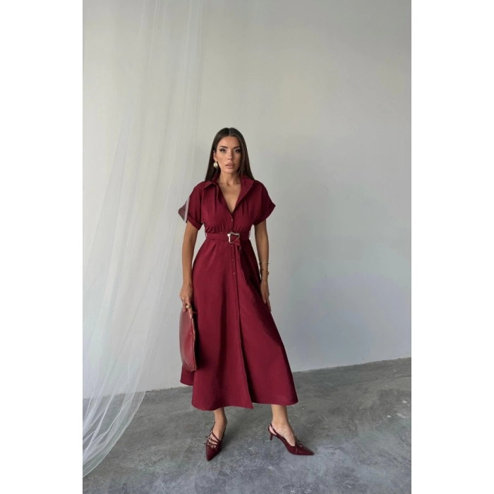 ÖNDEN DÜĞMELİ CRUSHLI MODAL ELBİSE - Bordo