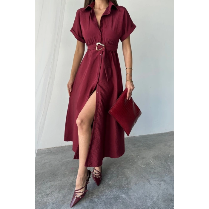 ÖNDEN DÜĞMELİ CRUSHLI MODAL ELBİSE - Bordo