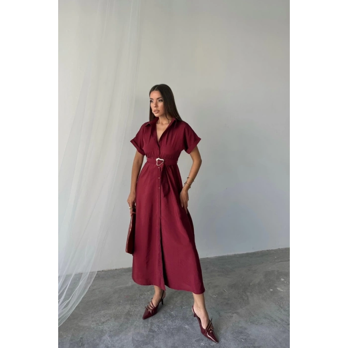 ÖNDEN DÜĞMELİ CRUSHLI MODAL ELBİSE - Bordo