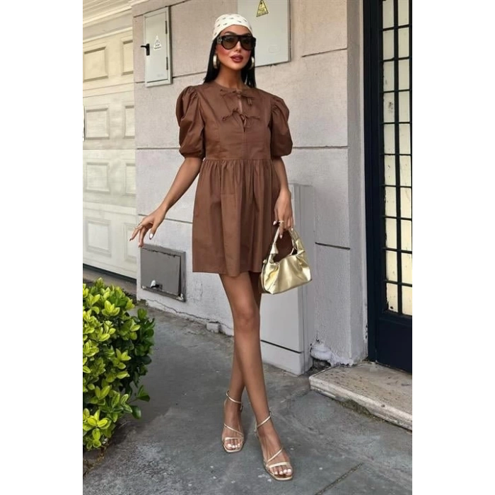 Önü Fiyonk Bağlamalı Ve Balon Kollu Elbise 2893