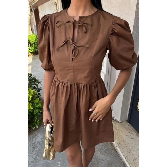 Önü Fiyonk Bağlamalı Ve Balon Kollu Elbise 2893