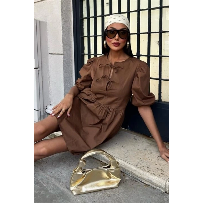 Önü Fiyonk Bağlamalı Ve Balon Kollu Elbise 2893