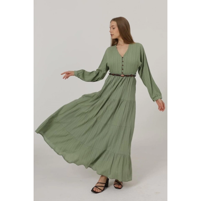 Önü Yarım Düğmeli Uzun Kol Kemerli Elbise - Haki