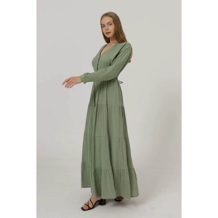 Önü Yarım Düğmeli Uzun Kol Kemerli Elbise - Haki