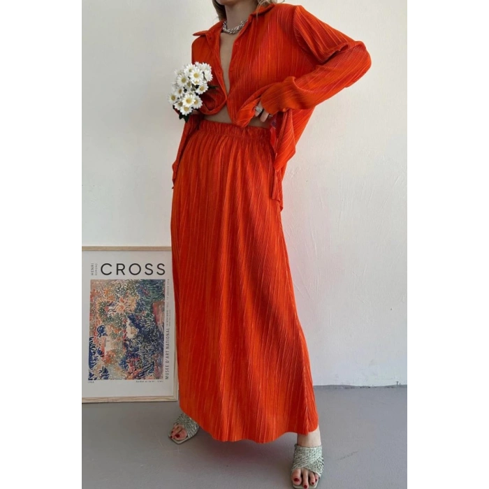 Oranj Fitilli Gömlek Ve Uzun Etek Takım