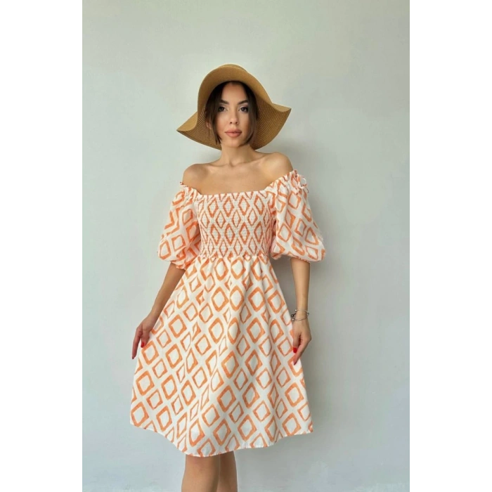 Oranj Kare Desenli Yazlık Elbise