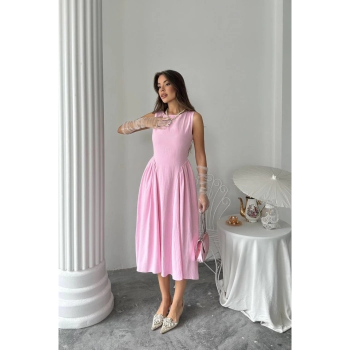 Pembe Yanları Büzgülü Midi Boy Keten Elbise