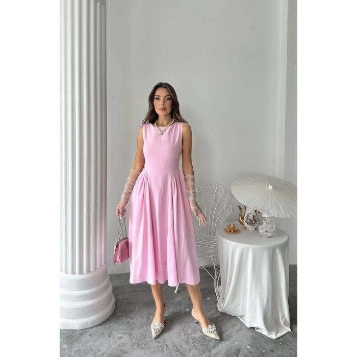 Pembe Yanları Büzgülü Midi Boy Keten Elbise