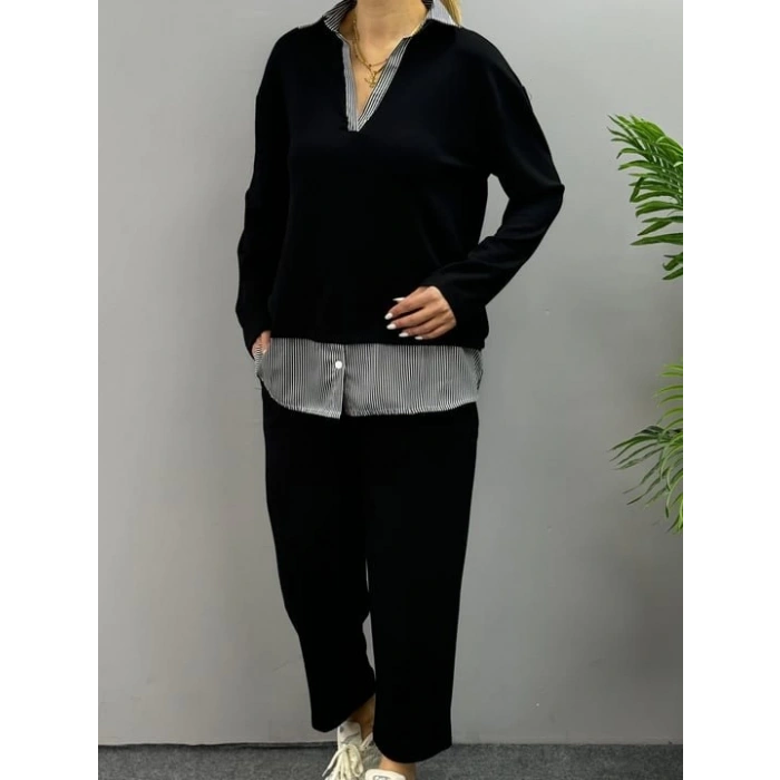 Polo Yaka Gömlek Detay Salaş Balon Pantolunlu ıkılı Takım