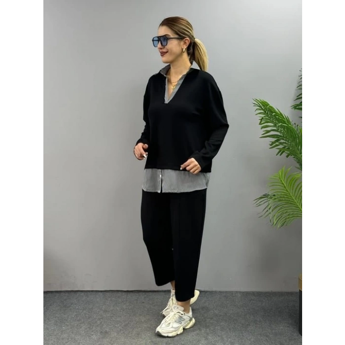 Polo Yaka Gömlek Detay Salaş Balon Pantolunlu ıkılı Takım