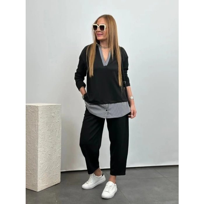 Polo Yaka Gömlek Detay Salaş Balon Pantolunlu ıkılı Takım