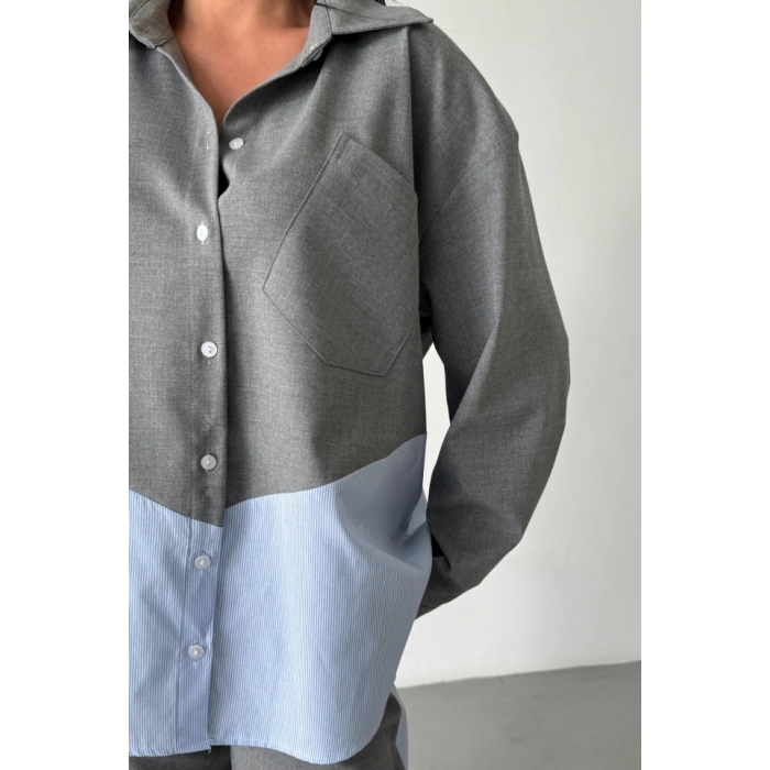 POLYVİSKON - POPLİN PARÇALI GÖMLEK PANTOLON TAKIM - Gri