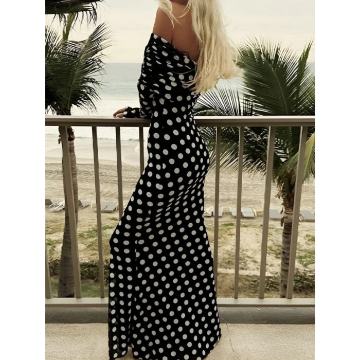 Puantiyeli Tül İçi Astarlı Madonna Yaka Maxi Boy Elbise