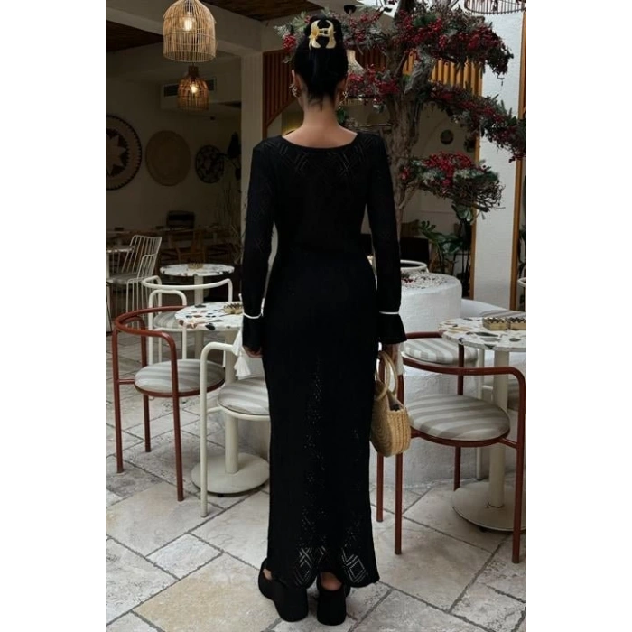 Püskül Bağcık Detaylı V Yaka Ajurlu Elbise 2850