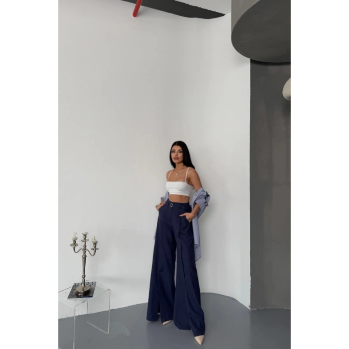 SALAŞ ÖNDEN YIRTMAÇ DETAYLI BEL KEMERLİ PANTOLON - Lacivert