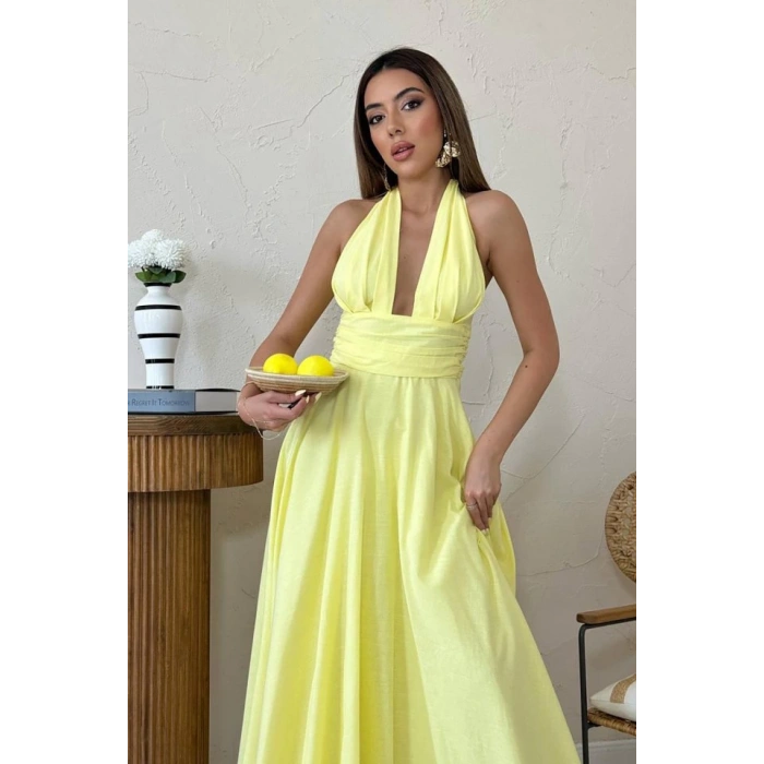 Sarı Askılı Keten Elbise