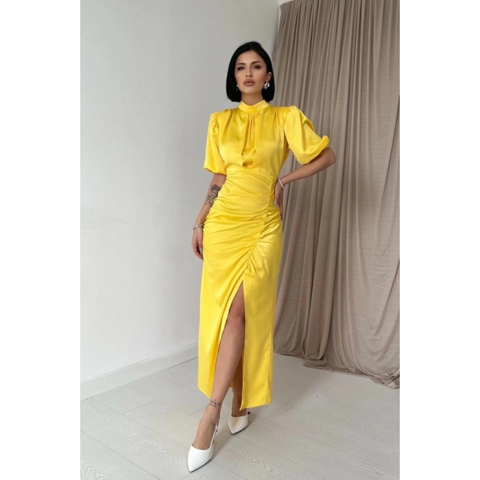 Sarı Büzgülü Saten Elbise