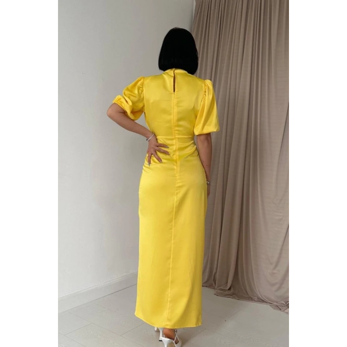 Sarı Büzgülü Saten Elbise