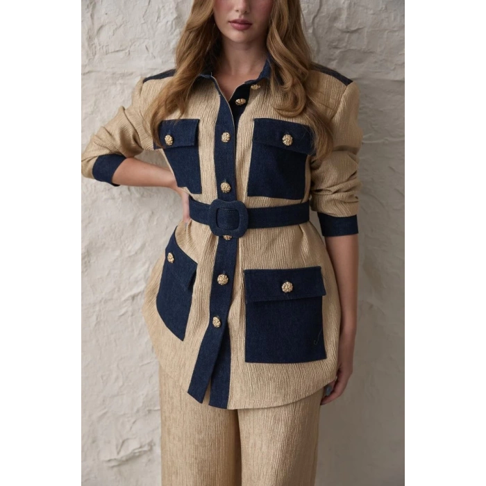 Sarı Garnili Cepli Gömlek Ve Pantolon Takım