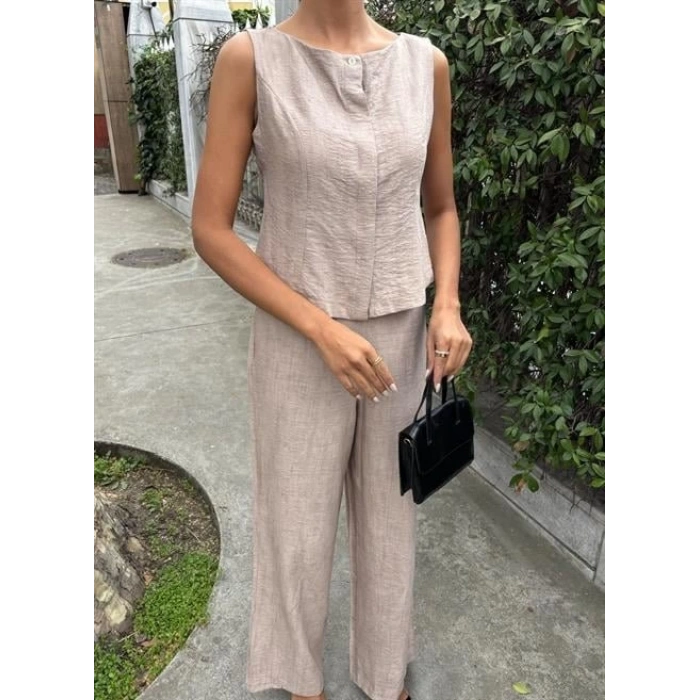 Sıfır Kollu Bluz Batik Desenli Pantolon İkili Takım 10181-08