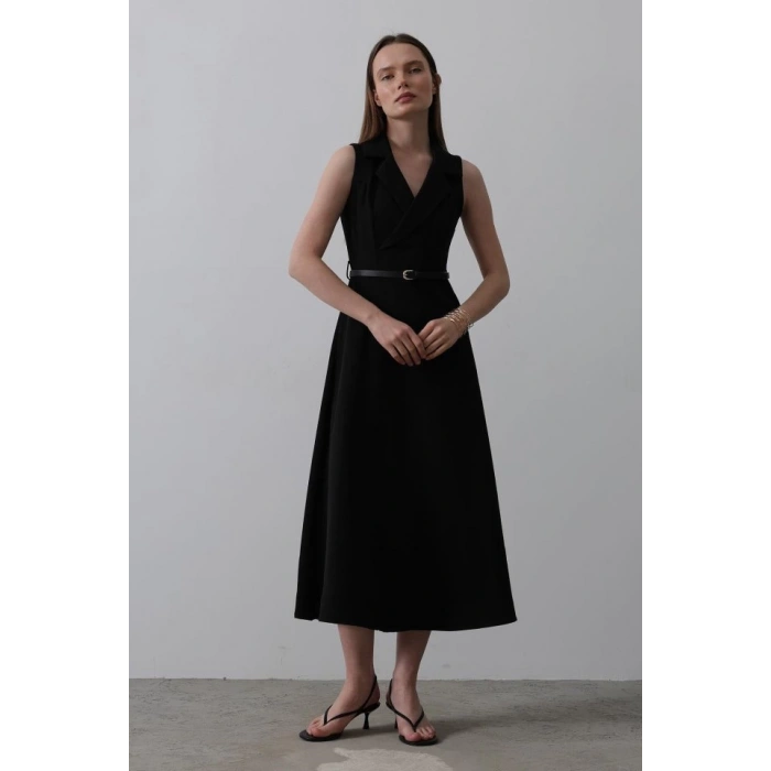 Sıfır Kollu Kemer Detaylı Elbise - Siyah
