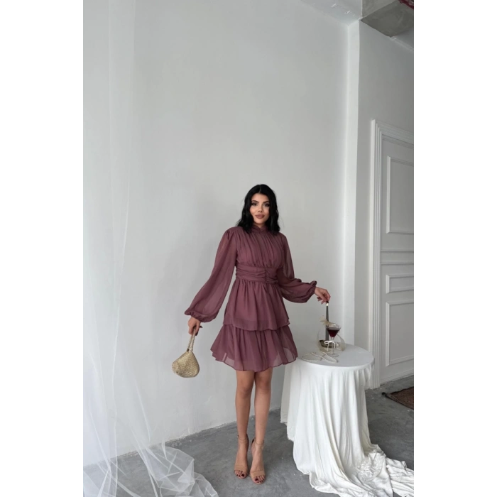 ŞİFON KATLI UZUN KOL ELBİSE - Pudra