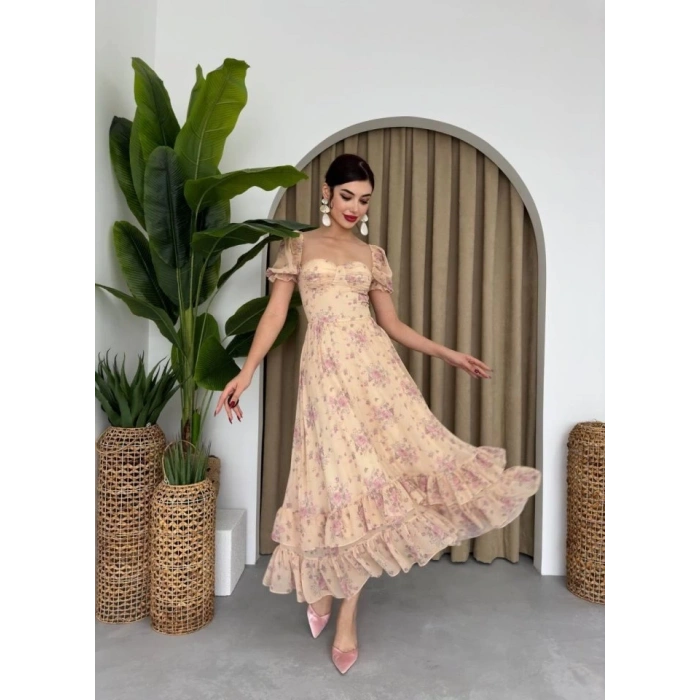 ŞİFON KUMAŞ DİJİTAL DESEN BASKILI ELBİSE