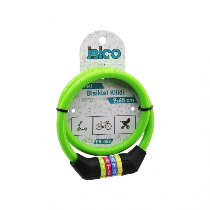 Şifreli İnce Bisiklet Kilit Çelik Tel Yeşil Renkli Kılıf 9mmx65cm
