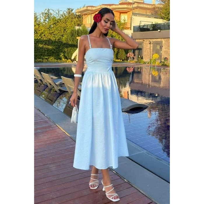 Sırtı Çapraz İpli Boncuk Detaylı Elbise 2902-08