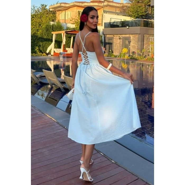 Sırtı Çapraz İpli Boncuk Detaylı Elbise 2902-08