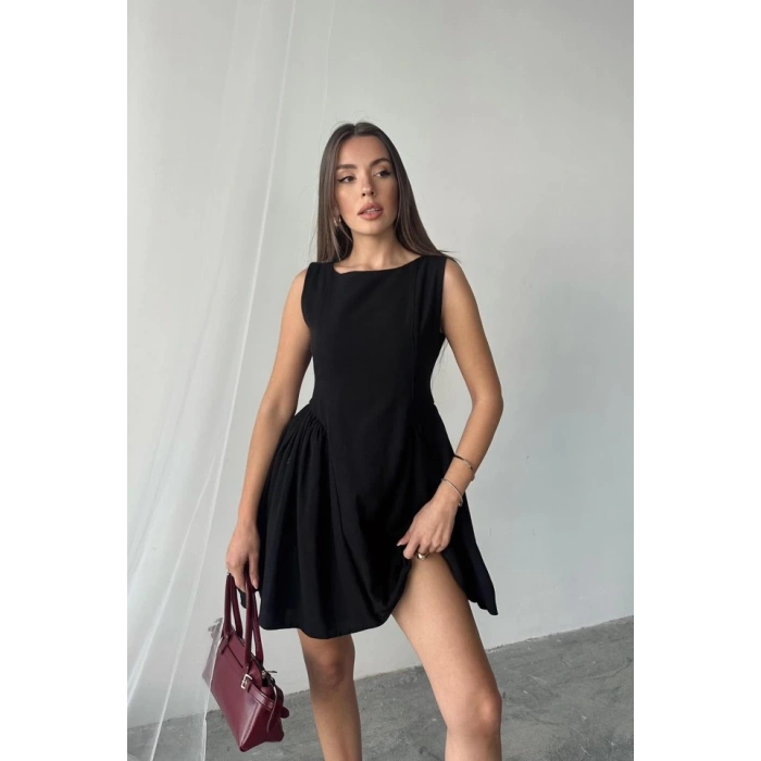 Siyah Mini Boy Büzgülü Keten Elbise