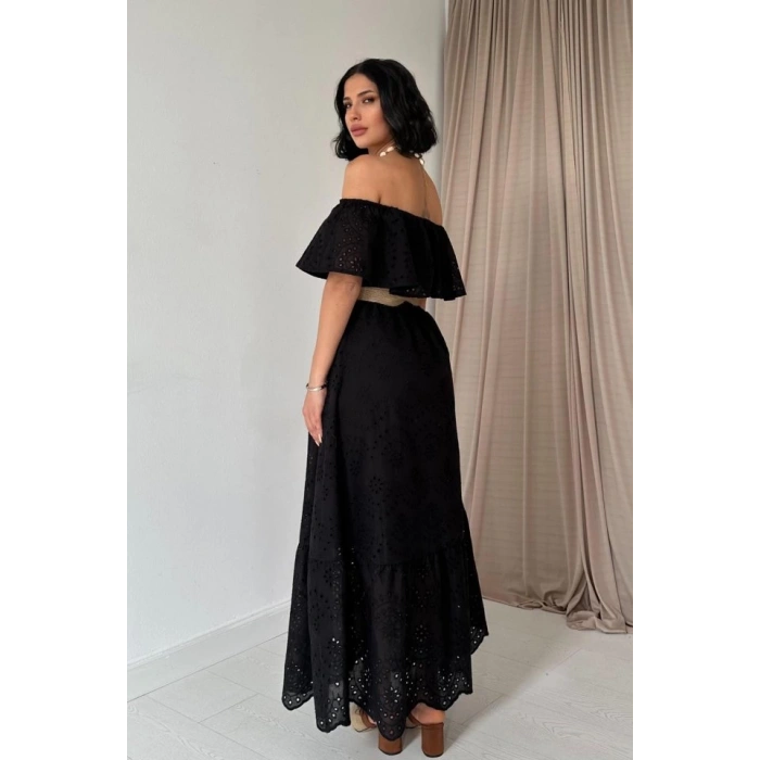 Siyah Omzu Lastikli Brode Elbise