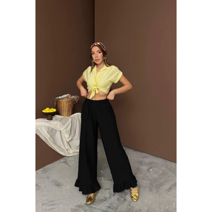 Siyah Paçası Fırfırlı Keten Pantolon