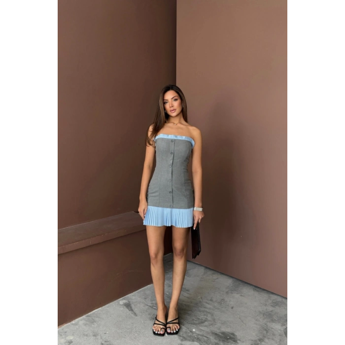 STRAPLEZ POLVİSKON ELBİSE MAVİ FIRFIR DETAYLI - Gri